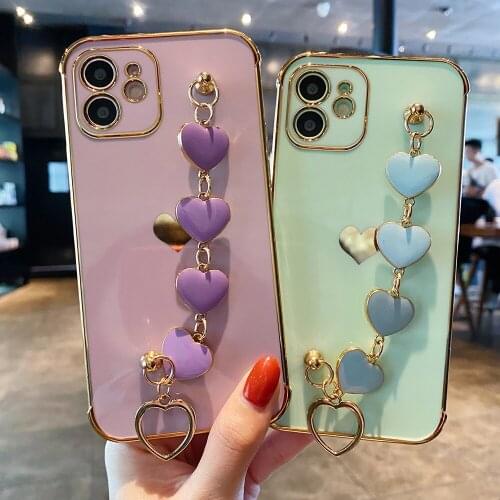 Plating Love Chain Wristband Shockproof Phone Case for IPhone 12 11 Pro Max XR X XS 12Pro Max 7 8 Plus Silicone Cover Coque Case
