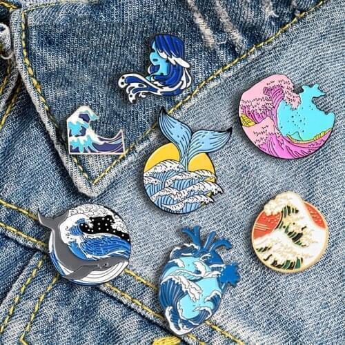 Wave Whale Series Enamel Lapel Pins Blue Ocean Brooches Badges Fashion Heart Pins Cute Gifts for Friends Wholesale Heart