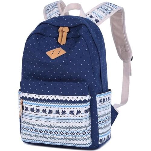 Canvas Backpack Women Printing Preppy Style Shoulder Bag Laptop Backpack School Bags for Teenager Girls Bagpack-Blue