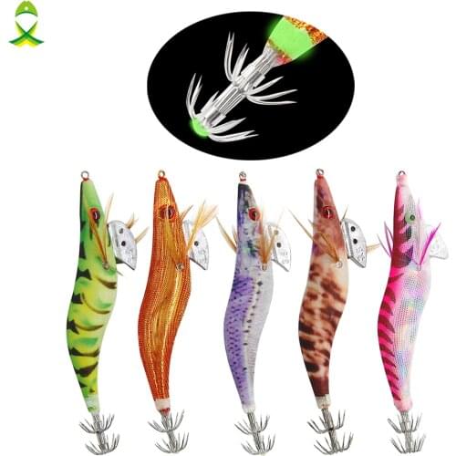 JSM 5pcs/lot Sea luminous Artificial Wood Shrimp Squid hook cuttlefish Bait jigging fishing Lures for fishing equipment