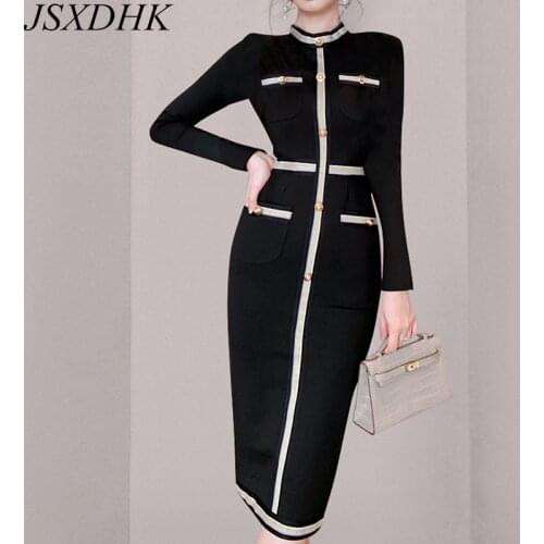 JSXDHK Autumn Stand Collar Sheath Party Dress Fashion Women Single Breasted Hit Color Blaci Long Sleeve Bodycon Midi Dresses