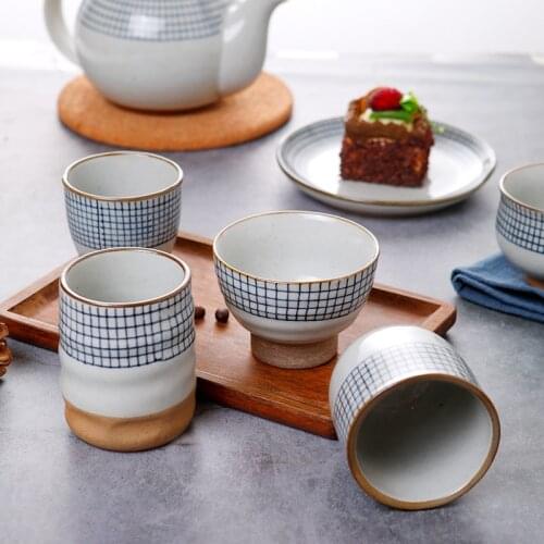 Retro Japanese Style Ceramic Soup Cup Coarse Pottery Hand Painted Lattice Pattern Kung Fu Teacup Office Coffee Water Wine Cup