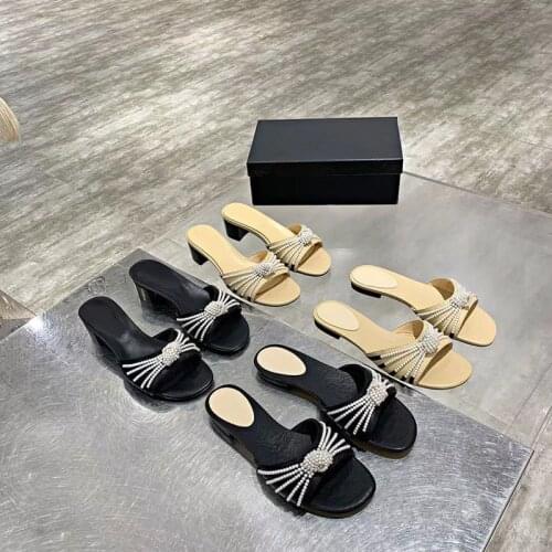 Classic Pearls Womens Sandals High-Quality Custom-Made Sheepskin Soft Ladies Black Slippers Summer Fashion New Casual Shoes
