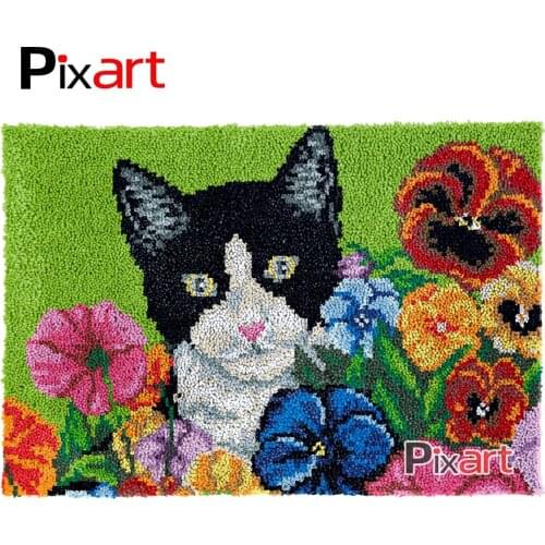 Latch Hook Rug Cat in Pansies Crocheting Tapestry Kits DIY Carpet Rug Chunky Yarn Needlework Knitted Floor Mat Hobby & Crafts
