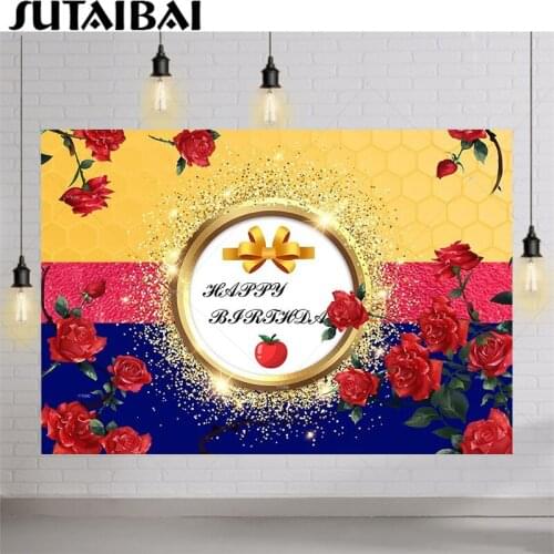 Red Rose Royal Blue Princess Birthday Backdrop Apple Bowknot Gold Frame Glitter Photography Background Sweet Girl Party Decor