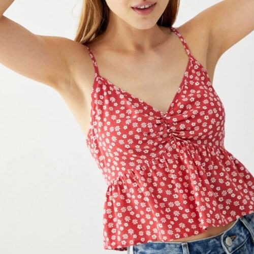 Red Flower Print V Neck Sexy Women Camisole Ruffle Slim Ruffle Mini Female Tops Bandage Casual Summer Lady Tops Fashion 2021