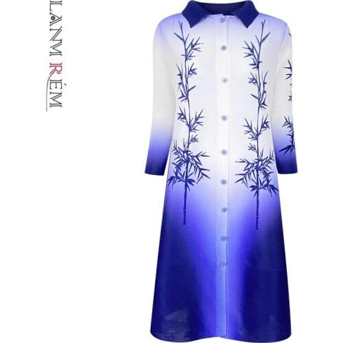 LANMREM New Vintage Womens Dress Fashion Gradient Printing Round Neck 2021 Autumn Lapel Single Breasted Dresses Female 2C2120