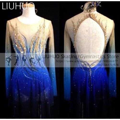 LIUHUO Figure Skating Dress Gradient Blue Long Sleeves Ice Skating Costumes Spandex Skirt Competition Maxi Dresses