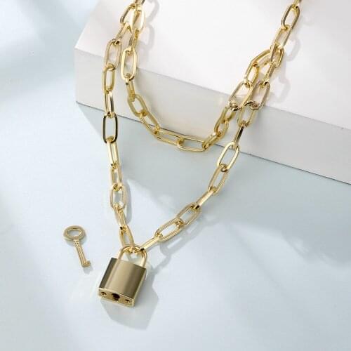 Lost Lady Hip Hop Lock Key Pendants Necklaces for Women Gold Color Double Metal Chain Necklace Fashion Jewelry Gift Wholesale