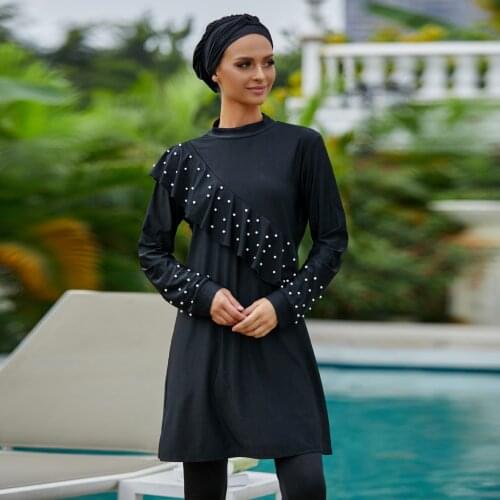 Muslim Swimwear Women Modest Black Beading Ruffled Hijab Swimsuit 3pieces Islamic Burkinis Female Bathing Suit 3Piece Sets Y1229