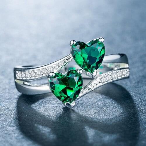 USTAR Green Created Emerald CZ Heart Wedding Rings for women Cubic Zirconia Crystals Promise Engagement Rings Female Anel gifts
