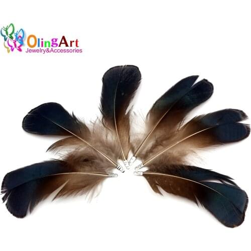 OlingArt Natural feathers 12pcs 8cm Glamor Blue women necklace Earrings tassels DIY Jewelry Making Keychain Pendants