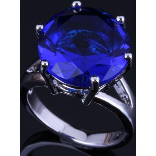 Distinctive Round Blue Cubic Zirconia Silver Plated Ring V0477