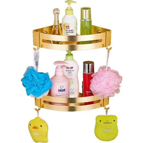 Punch-free bathroom shelf wall-mounted space aluminum gold double-layer storage corner shelf triangle basket toilet