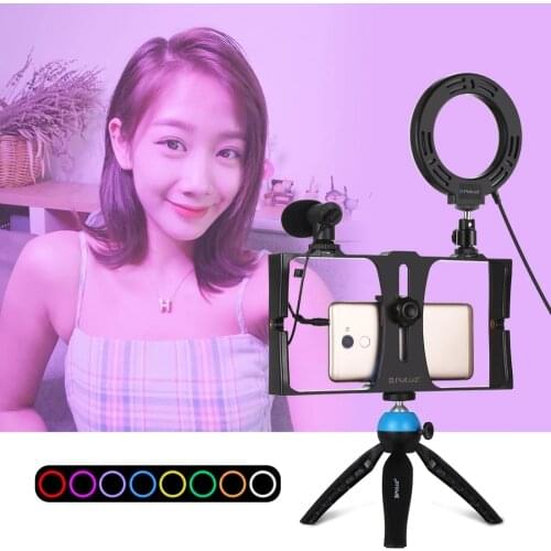 PULUZ 4 in 1 Vlogging Live Broadcast Smartphone Video Rig +4.7 inch RGBW Selfie Ring Light & Microphone Tripod Mount+Tripod Head