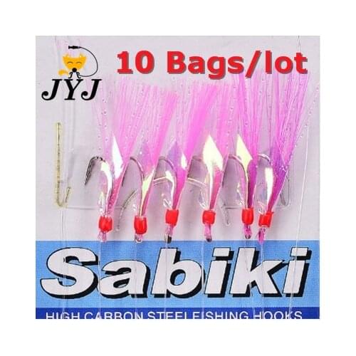 10 Packs Red Sabiki Tackle Rigs Fluorocarbon Leader Fishing Gear Saltwater Sea Fishing Lure Trolling Hook Bait sabiki rig hooks