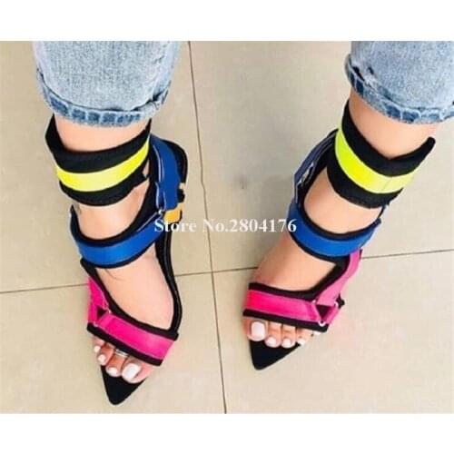 Brand Design Women Fashion Pointed Open Toe Mixed-colors Stiletto Heel Gladiator Sandals Patchwork Ankle Strap High Heel Sandals