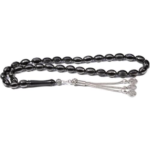 Silver Natural Jet Stone Prayer Bead With Silver Tassel Men Barley Cut Rosary Islamic Tasbih With Kayı IYI Symbol Tassel