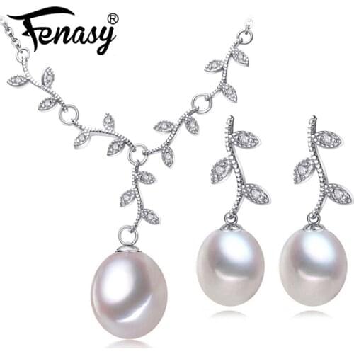 FENASY Trendy Natural Pearl Jewelry Sets 925 Sterling Silver Drop Earrings For Women Bohemian Flower Pendant Necklace With Chain