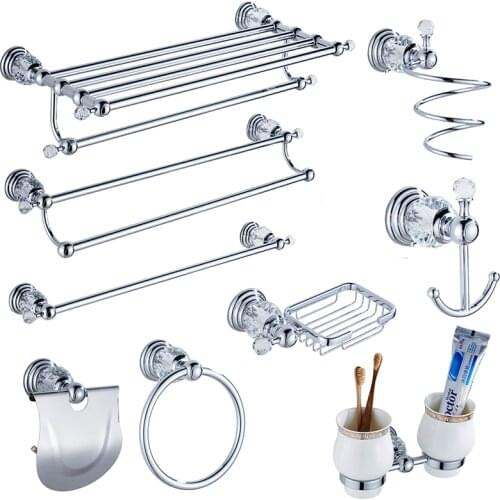 Modern Clear Crystal Bathroom Accessories Sets Silver Polished Chrome Bathroom Products Solid Brass Bathroom Hardware Sets jk6