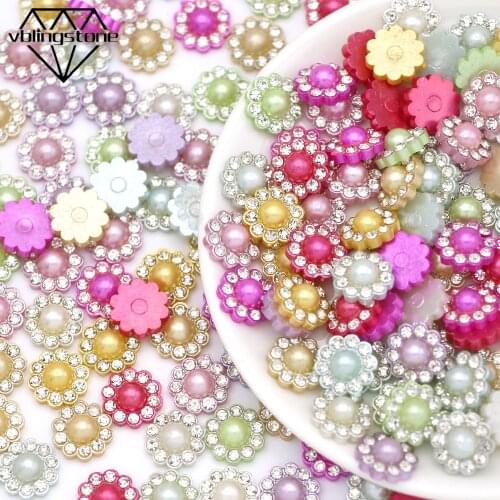 50Pcs Resin Flower Decoration Crafts Flatback Rhinestones ABS Pearl Embellishments Cabochon Scrapbooking For Hairwear/Clothes