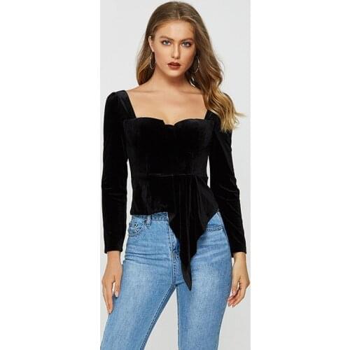 2020 Spring Retro Boutique Velvet Tops Women Long Sleeve Sexy Backless Square Collar Shirts Ladies Designer Vintage Blouses