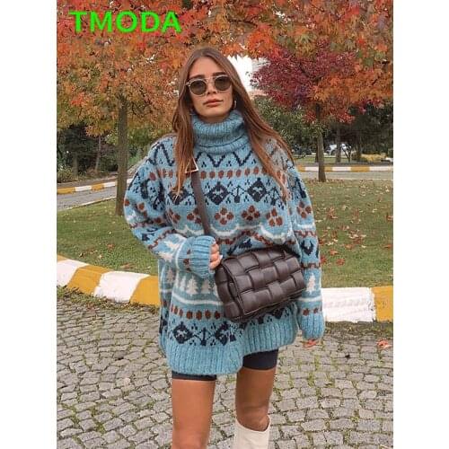 TMODA858 Za Women Sweaters Femme Turtleneck Long Sleeve Vintage Jacquard Loose Mid-Length Knitted Pullover Ropa Mujer Tops