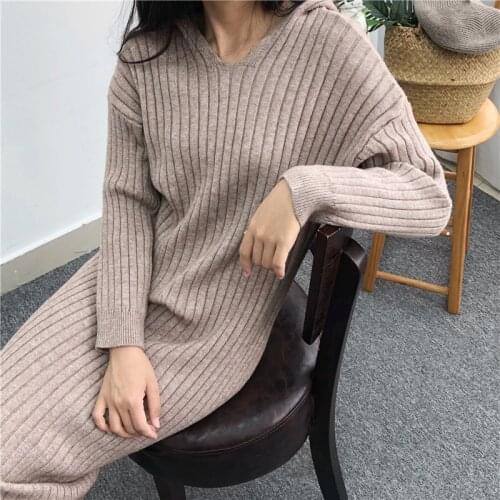 2021 new autumn and winter pit hooded casual fashion cashmere sweater female loose long section bottoming sweater