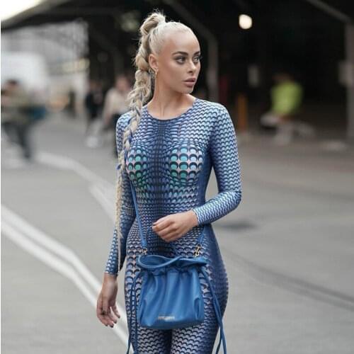 Women Fashion 3D Three Dimensional Printing O Neck Long Sleeve Slim Fit Blue Pants Jumpsuit Summer High Street Rompers M21JP324