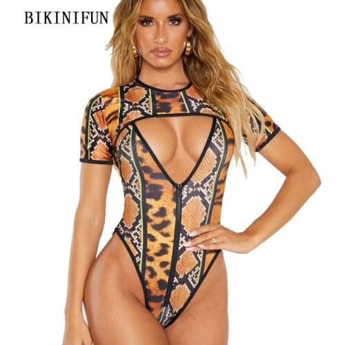 2020 New Sexy Deep V Swimsui Women Leopard Bathing Suit Two Pieces Swimwear S-5XL Girl Front Zipper Beachwear Thong Monokini