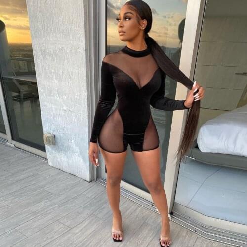Long Sleeve Sexy Velvet Mesh Jumpsuit Party Club See Through Mesh Rompers Bodysuit Fall Spring Women Clothing One Piece Outfit