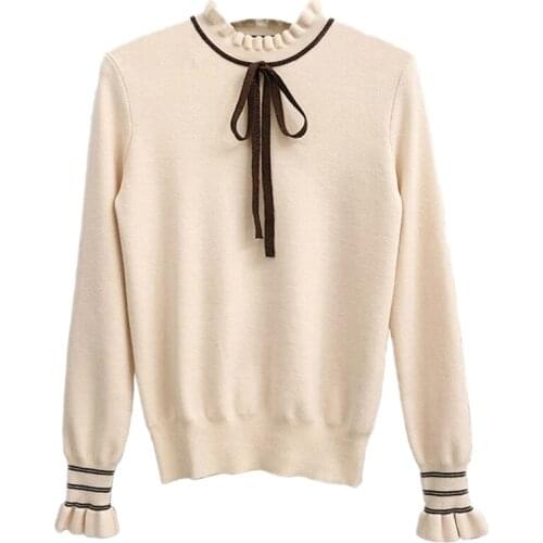 ZG1444 New 2020 spring autumn women fashion belted bow slim Youth pop student long sleeved knit sweater cheap wholesale
