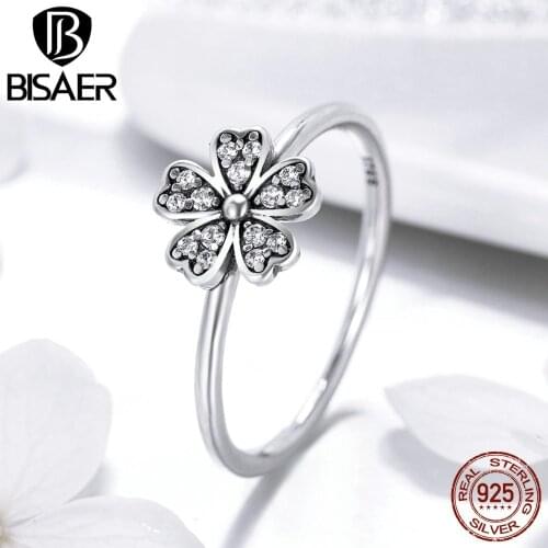 BISAER Trendy 925 Sterling Silver Daisy Flower Finger Rings for Women Dazzling CZ Women Ring Wedding Engagement Jewelry ECR398