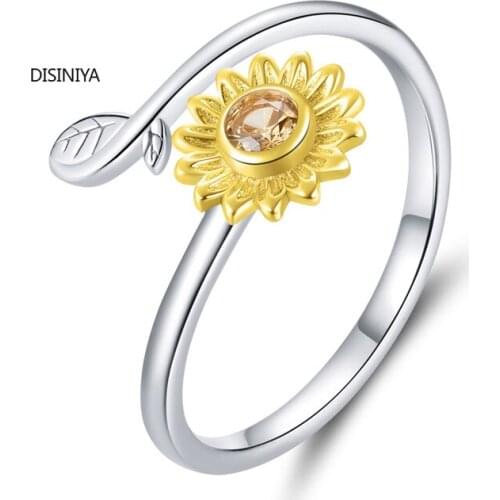 DISINIYA Genuine 925 Pure Silver Sunflower Adjustable Size Female Ring Gold Daisy Korean Style JewelryZBSR00127