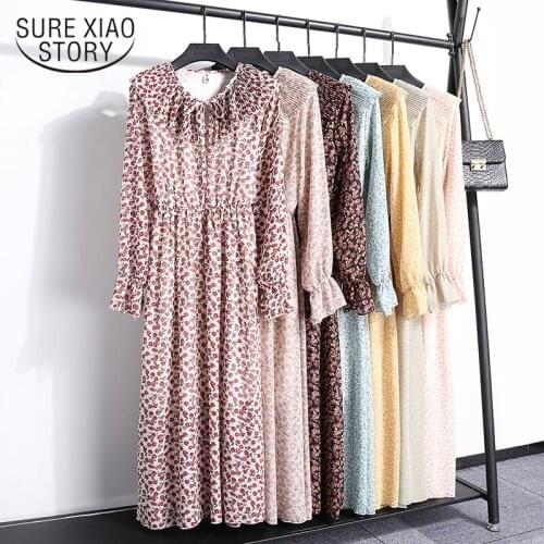 Fashion Long Flare Sleeve O Collar Floral Print Spring and Autumn 2020 New Women Dress Chiffon Pleated Dresses Vestidos 8535 50