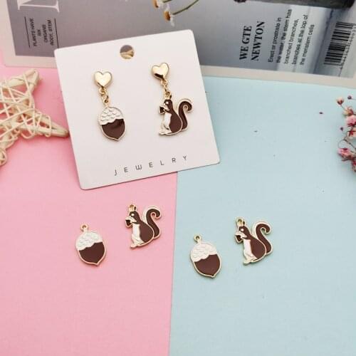10pcs Cute Squirrel Pinecone Alloy Enamel Charms Gold Color Animal Pendants Fit DIY Earring Bracelet Jewelry Accessories FX384