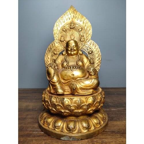 11" Tibet Buddhism Temple old bronze Gilt Cinnabars Maitreya Buddha Statue Future buddha Amitabha statue Big belly buddha