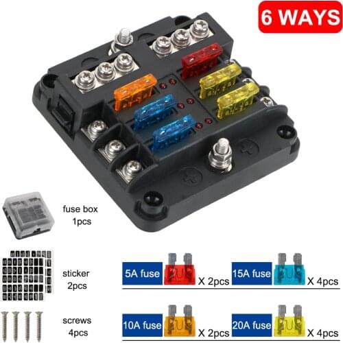 6 Ways 12 Ways Blade Fuse Block Plastic Cover 12V 32V Fuse Box Holder M5 Stud With LED Indicator Light For Auto Car Marine