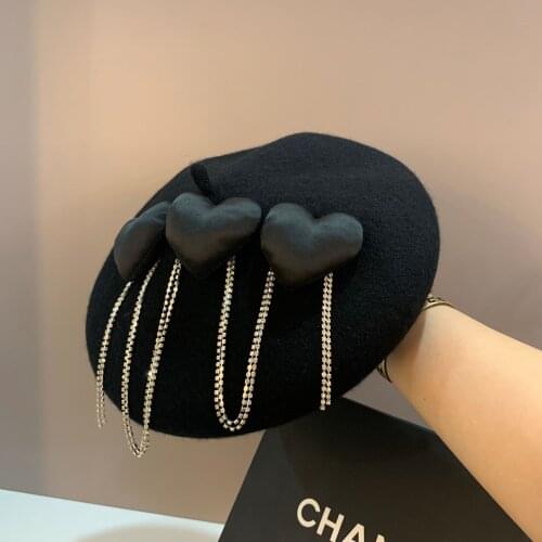 2021 Brand Heart Chain Fringe Wool Felt Berets for Women Black Autunn Artist Cap Elegant Ladies Street Luxury Design Beret Hat