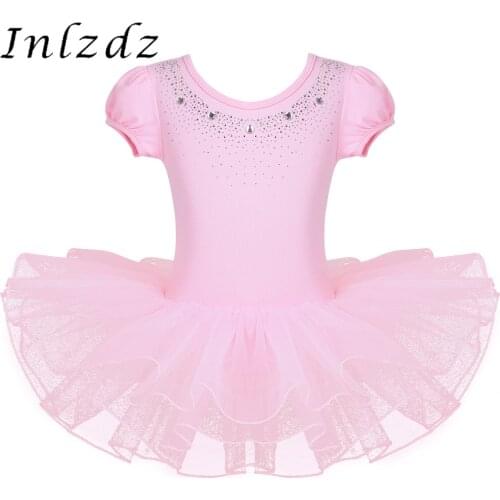 Kids Girls Ballet Dress Mesh Short Bubble Sleeves Dancewear Sparkly Rhinestones Ballet Dance Gymnastics Leotard Tutu Dress