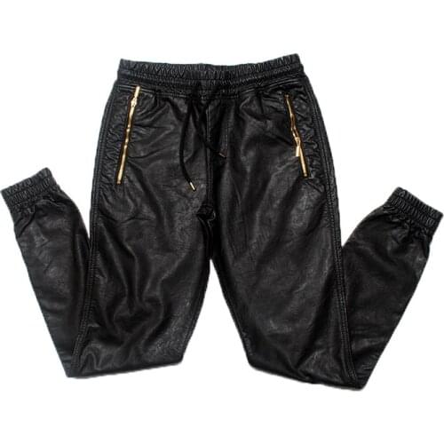 Jogging leahter jeans Mens Leather Pants | Mens Real Leather Trousers Jeans pantalon en cuir street Sweatpant 2021 tyga gold