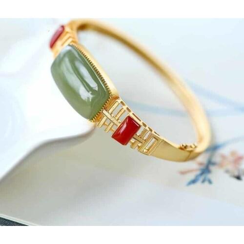 Natural Hetian Jade S925 Sterling Silver Southern Red Agate Bracelet Womens Fashion Personality Retro with Opening Simple Brac
