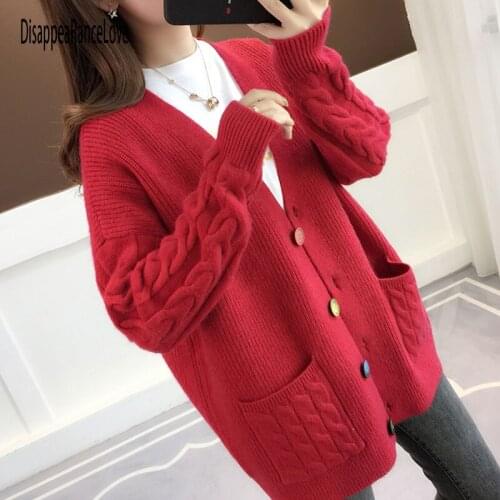 Women Cardigans Sweater V neck Solid Loose Knitwear Single Breasted Casual Knit Cardigan Outwear Winter Jacket Coat 2020