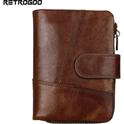 RETROGOO Cowhide Leather Short Wallet For Men Large Capacity Male Purse Coffee Zipper Coin Pocket Money Bag Cowboy Card Cartera