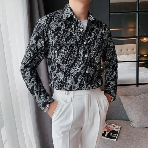 3D Letter Print Men Shirts 2021 Autumn Long Sleeve Casual Flower Shirt Korean Fashion Loose Tops Social Nightclub Male Clothing