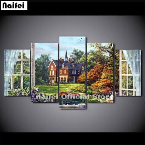 5 Pcs Diy Diamond Painting Full Square Round Drill House Flowers Scenery Outside The Window Cross Stitch Rhinestone Embroidery