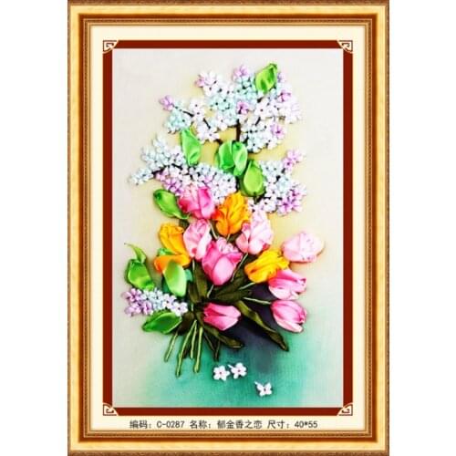 55x40cm Tulip flower Ribbon embroidery kit stain painting set handcraft kit DIY handmade needlework art home decor