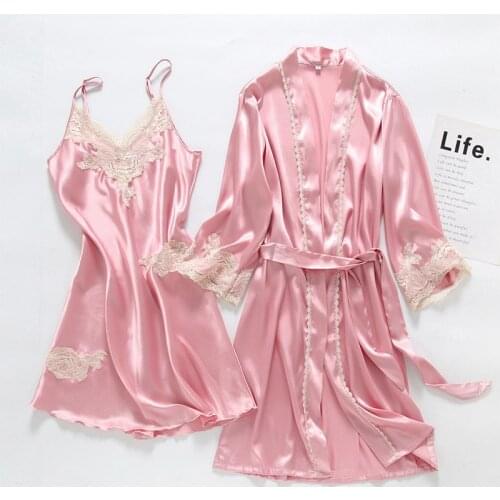 2021 Summer New Ice Silk Nightgown Long Sleeve Bridal Morning Gown Thin Sexy Lace Suspender Nightgown Two Piece Set Sexy Robe
