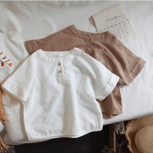 2021 new girls boys shirt cotton linen summer short sleeve kids top