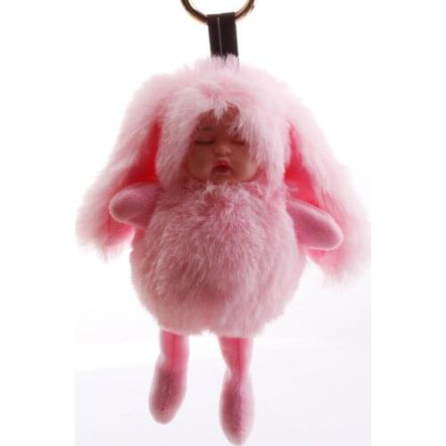 New Sleeping Baby Doll Plush Toy Pompom Rabbit Fur Ball KeyChain Women Holder Bag Pendant Baby Toy Charm Accessories QS1826